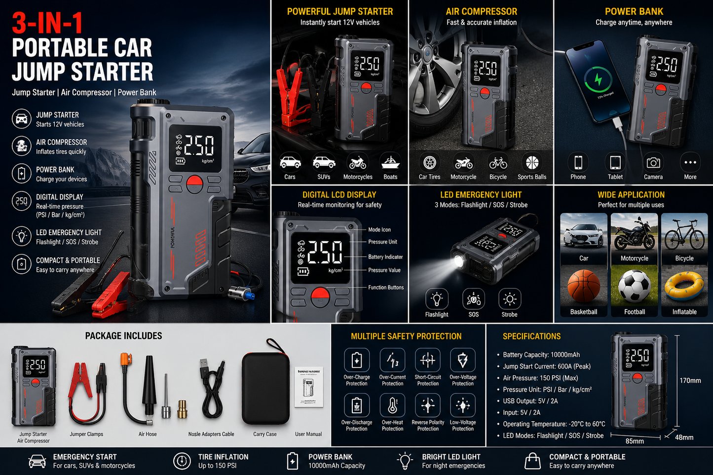 Portable Car Jump Starter with Digital Display – Tire Inflator, Power Bank & Emergency Booster