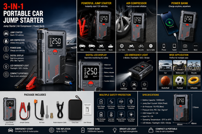 Portable Car Jump Starter with Digital Display – Tire Inflator, Power Bank & Emergency Booster