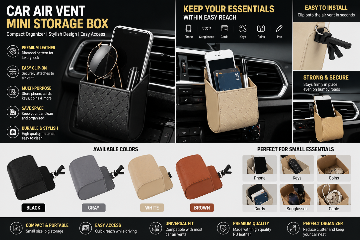 Car Air Vent Mini Storage Box – Luxury Leather Phone Holder & Organizer