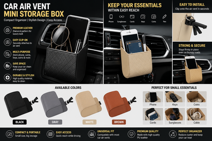 Car Air Vent Mini Storage Box – Luxury Leather Phone Holder & Organizer