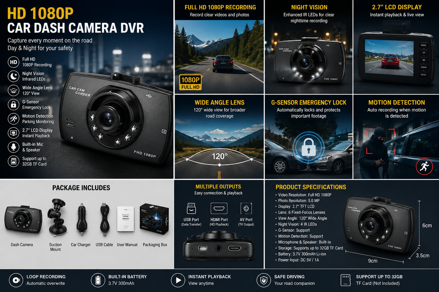 HD 1080P Car Dash Camera DVR – Night Vision Dashboard Recorder with LCD Display