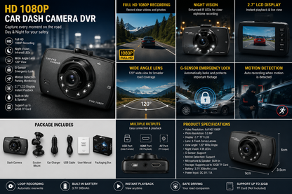 HD 1080P Car Dash Camera DVR – Night Vision Dashboard Recorder with LCD Display