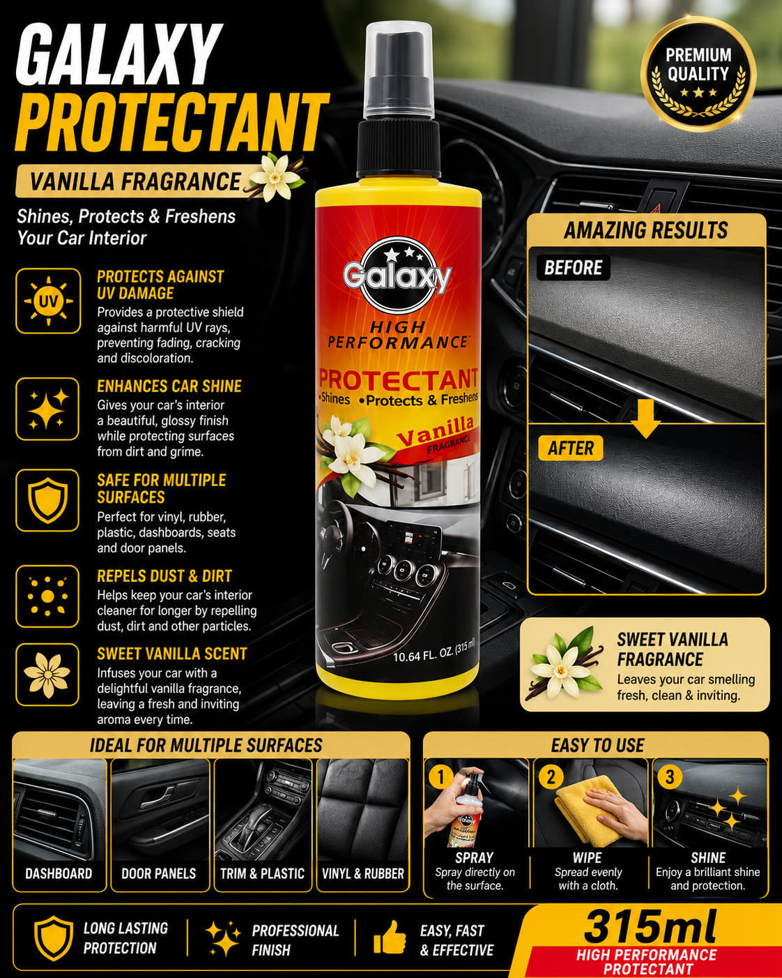 Galaxy Protectant Spray – Vanilla Fragrance Car Interior Shine & UV Protection (315ml)