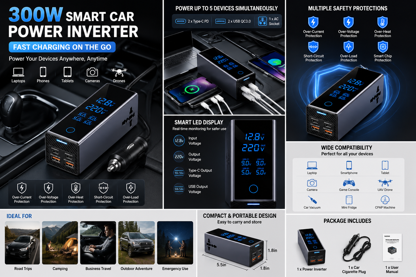 300W Smart Car Power Inverter – Dual Type-C PD Fast Charger with AC Socket