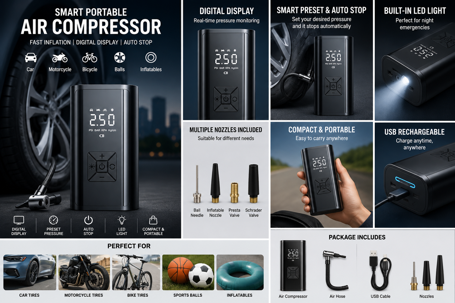 Smart Portable Digital Air Compressor – Wireless Tire Inflator with LED Display