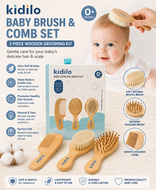 Kidilo Baby Brush & Comb Set – 3 Piece Wooden Grooming Kit for Newborns