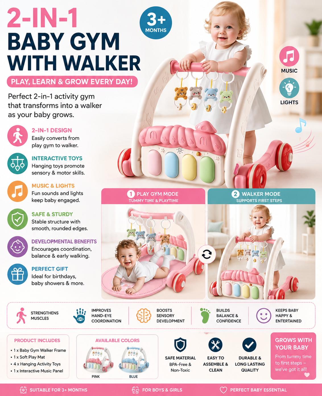 2-in-1 Baby Gym & Walker – Interactive Activity Play Center for Babies