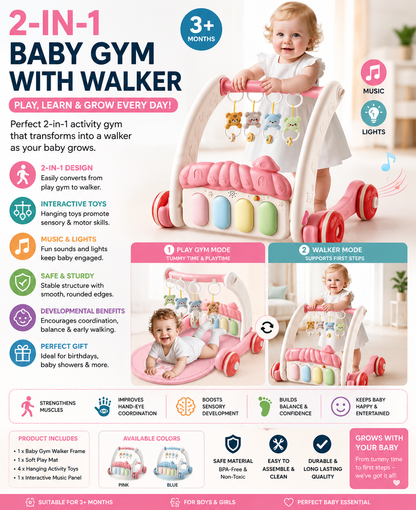 2-in-1 Baby Gym & Walker – Interactive Activity Play Center for Babies