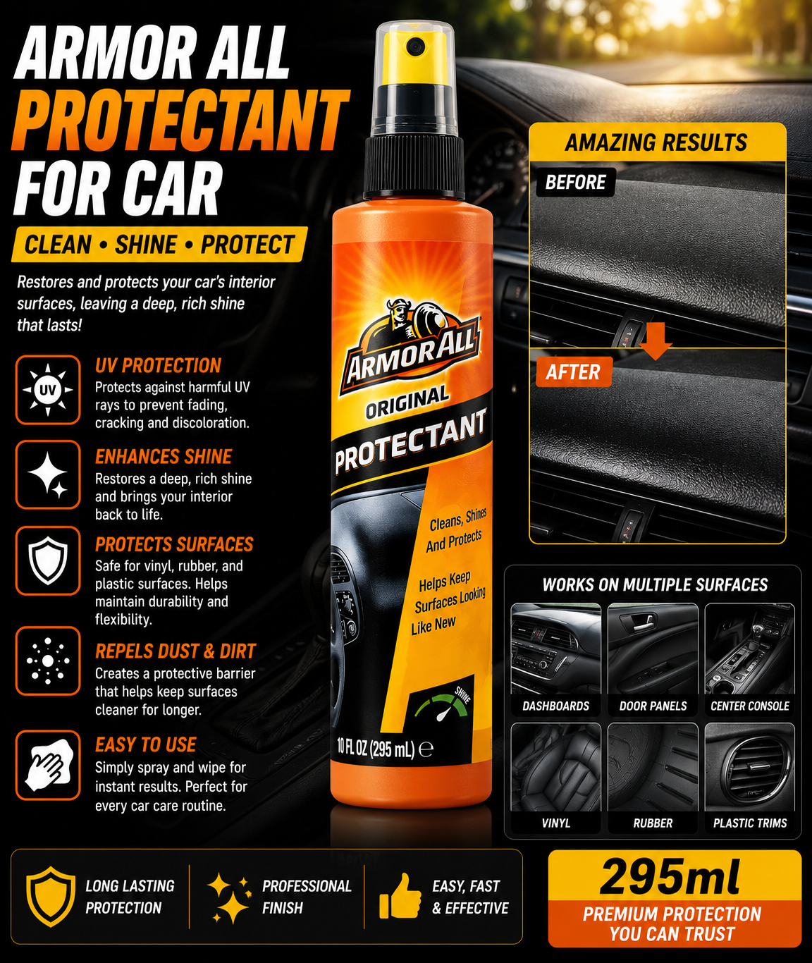 Armor All Protectant Spray – Car Interior Shine & UV Protection (295ml)