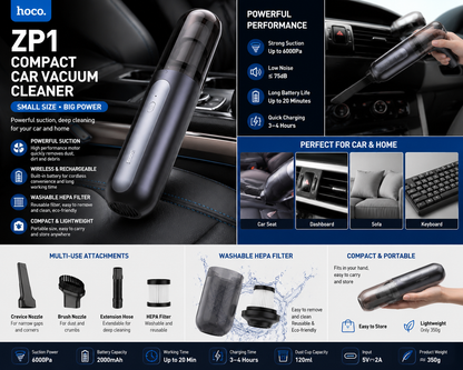 Hoco ZP1 Compact Car Vacuum Cleaner | Wireless Handheld Mini Vacuum Cleaner