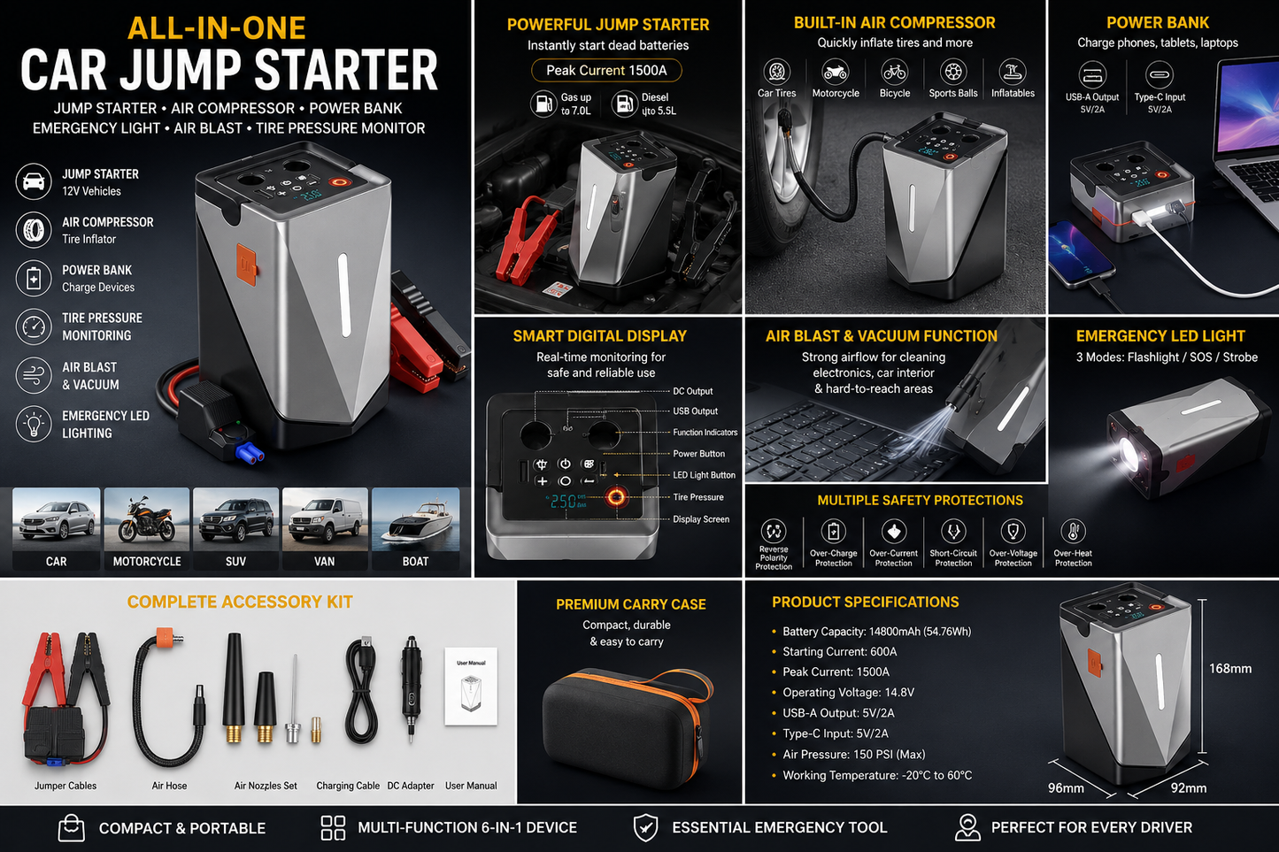 Portable Multi-Function Car Jump Starter – Air Compressor, Power Bank & Emergency Booster