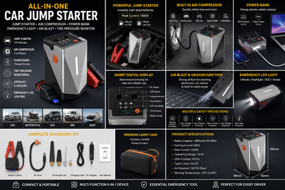 Portable Multi-Function Car Jump Starter – Air Compressor, Power Bank & Emergency Booster