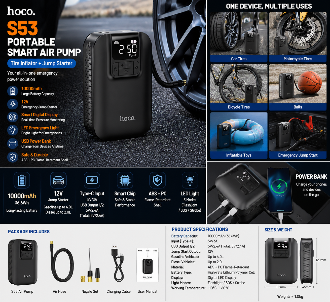 Hoco S53 Portable Smart Air Pump – Wireless Tire Inflator with Emergency Jump Starter