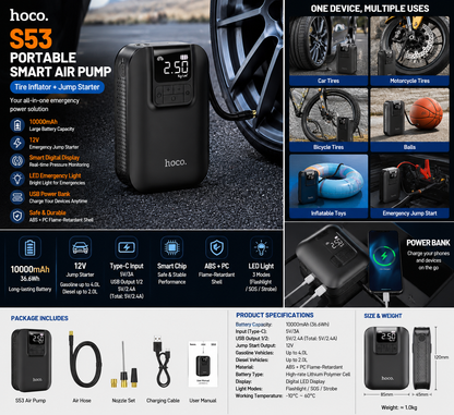 Hoco S53 Portable Smart Air Pump – Wireless Tire Inflator with Emergency Jump Starter