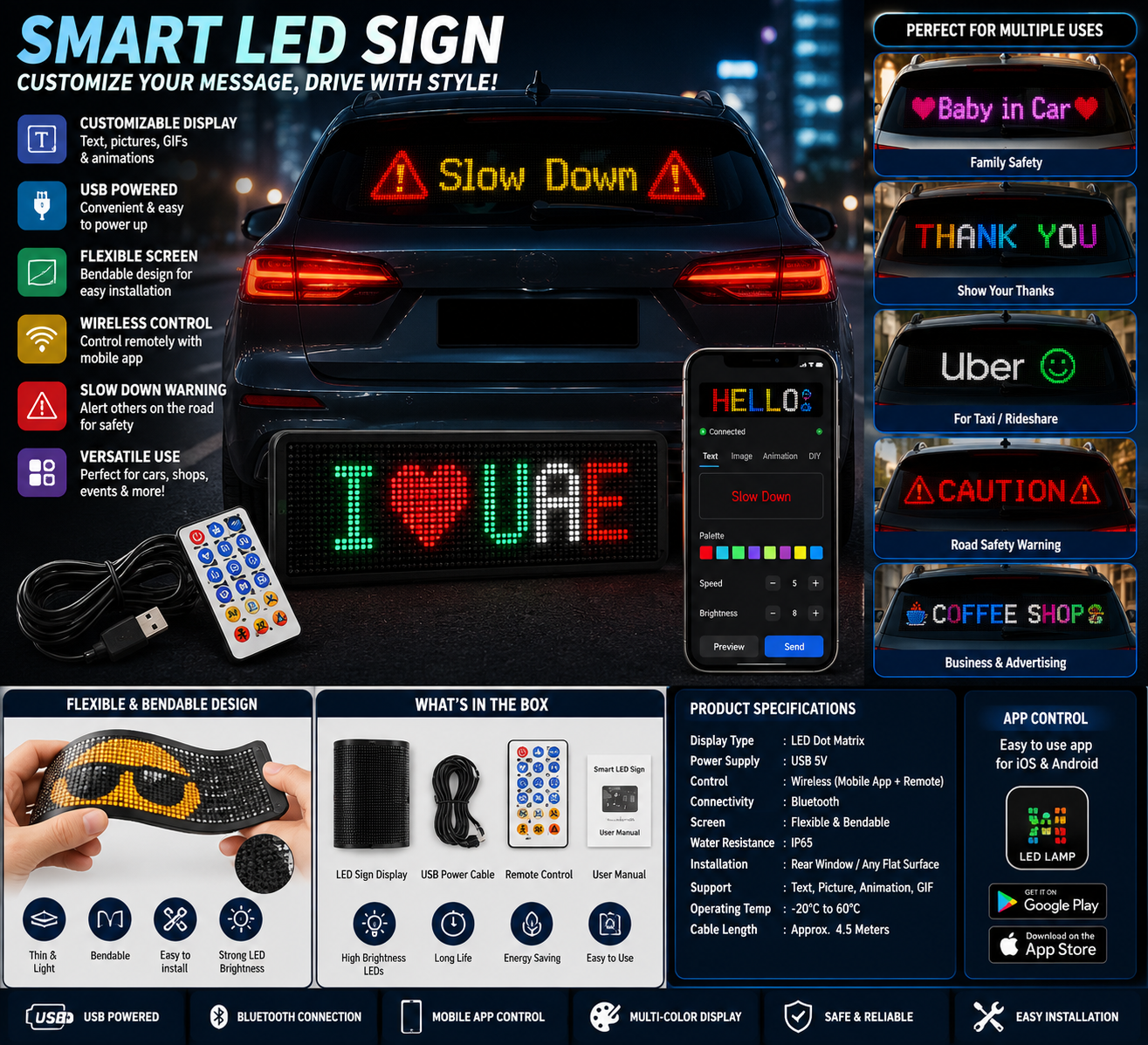 Smart LED Car Sign – Customizable USB LED Display Board for Cars