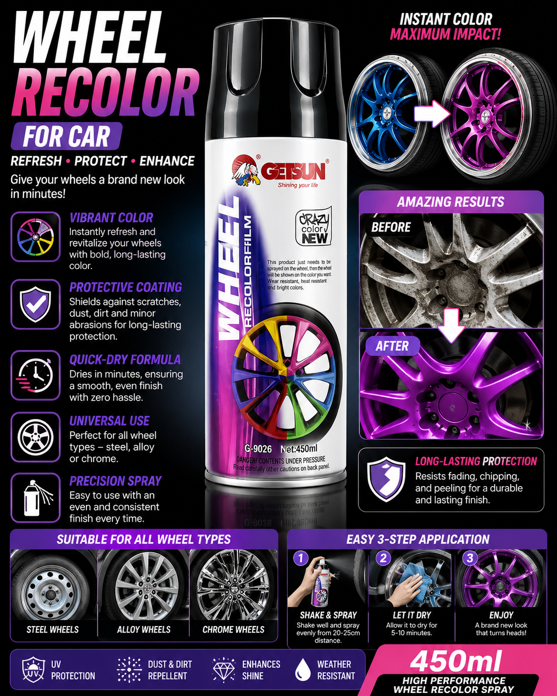 Wheel Recolor Spray For Car – Alloy Rim Paint & Protection Spray (450ml)