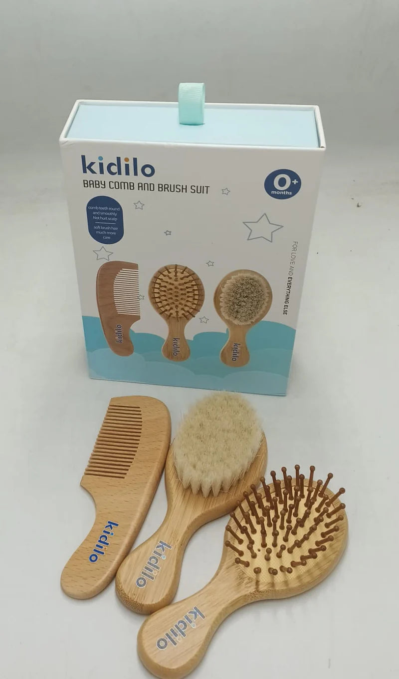 Kidilo Baby Brush & Comb Set – 3 Piece Wooden Grooming Kit for Newborns