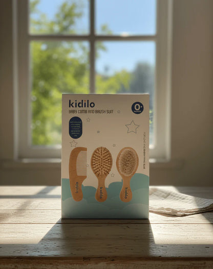 Kidilo Baby Brush & Comb Set – 3 Piece Wooden Grooming Kit for Newborns