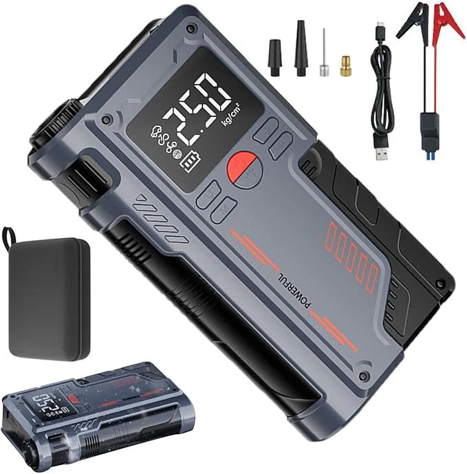 Portable Car Jump Starter with Digital Display – Tire Inflator, Power Bank & Emergency Booster
