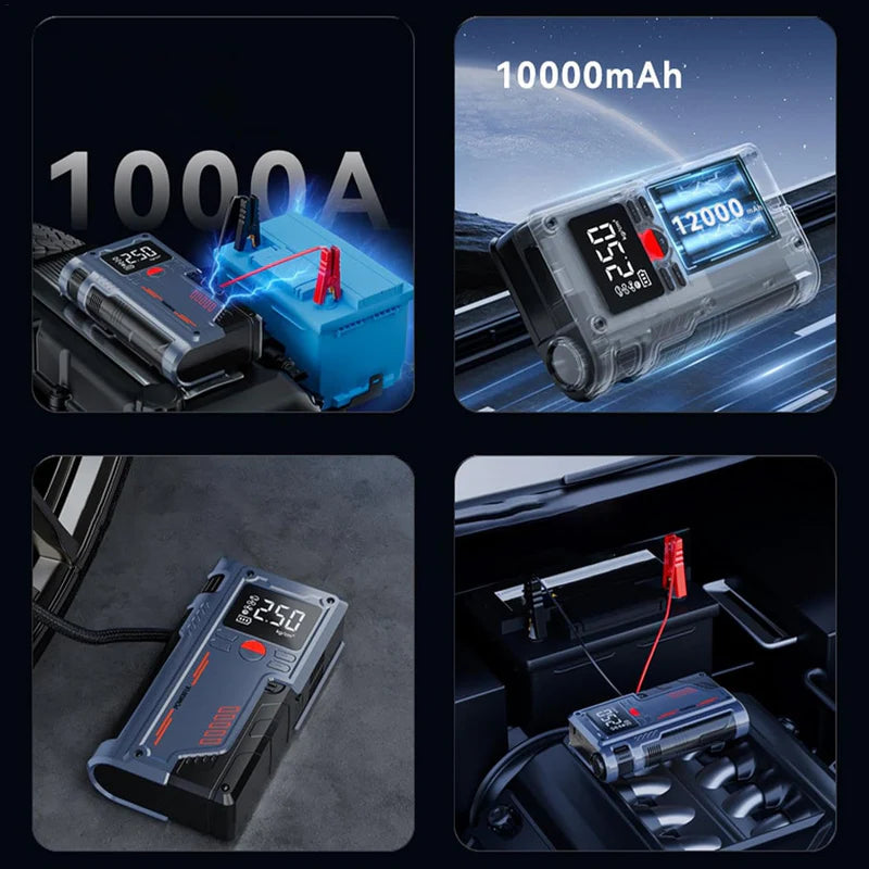 Portable Car Jump Starter with Digital Display – Tire Inflator, Power Bank & Emergency Booster