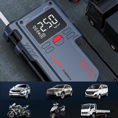 Portable Car Jump Starter with Digital Display – Tire Inflator, Power Bank & Emergency Booster