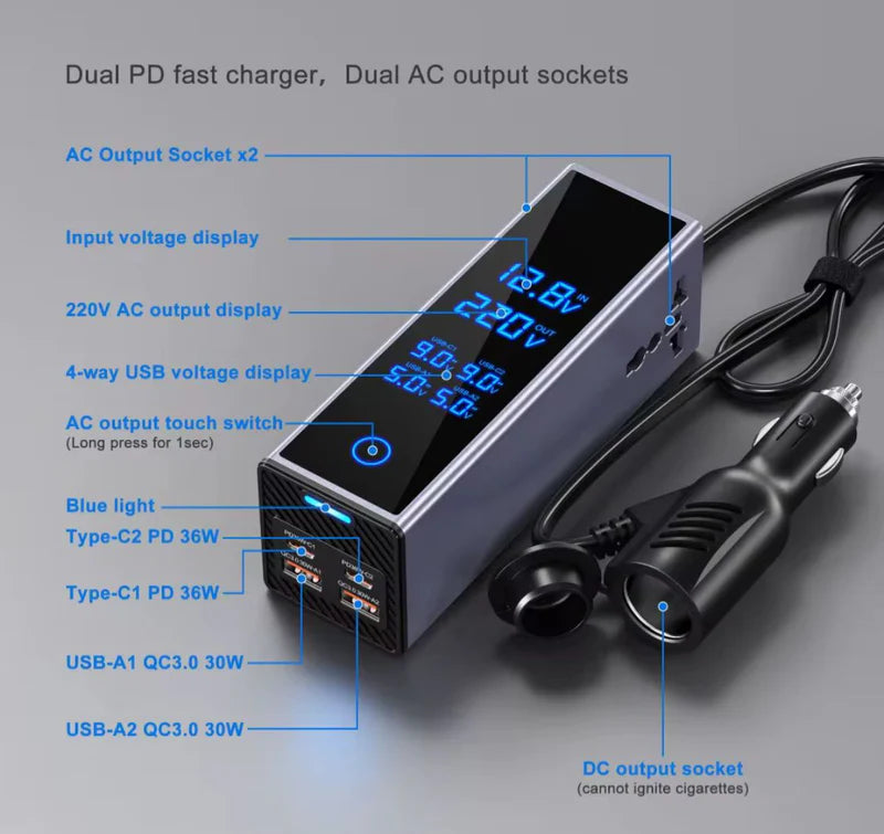 300W Smart Car Power Inverter – Dual Type-C PD Fast Charger with AC Socket