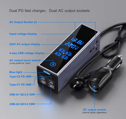 300W Smart Car Power Inverter – Dual Type-C PD Fast Charger with AC Socket