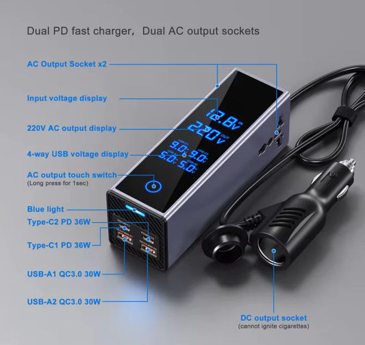 300W Smart Car Power Inverter – Dual Type-C PD Fast Charger with AC Socket