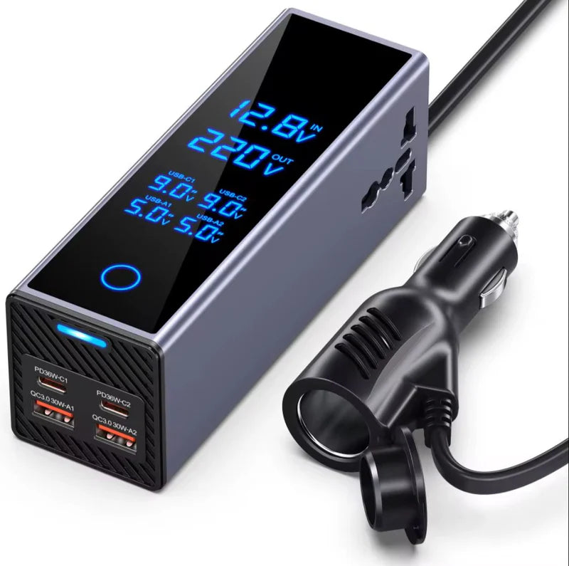 300W Smart Car Power Inverter – Dual Type-C PD Fast Charger with AC Socket